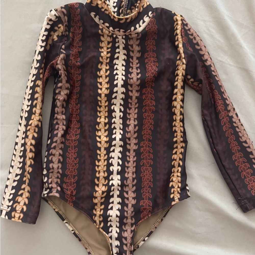 Kids Long Sleeve Swim One Piece - Brown Leaf Pattern